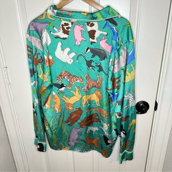 Karen Mabon Turquoise Animal Novelty Print Button Down Pj Top Sz L Boho Indie - Picture 3 of 8